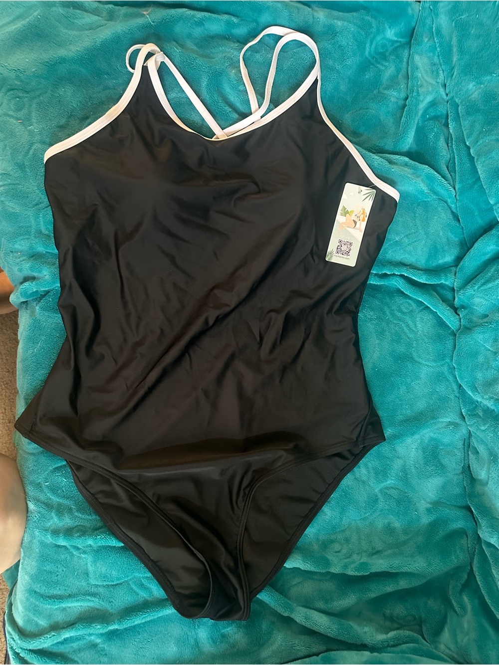 Women’s Black One-Piece Swimsuit with White Trim - Sleek Support NWT sz XL